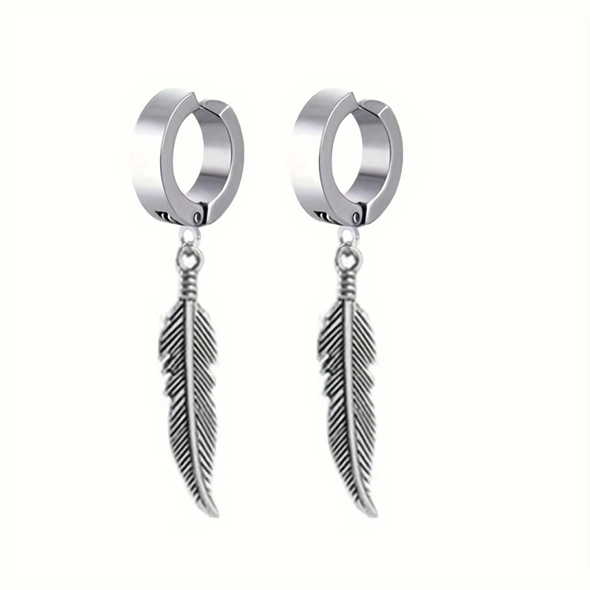 Silver hoop ear clips with dangling feather charms on small rings, set of two
