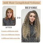 Hair extension before-and-after effect with long wavy hair in gray ombre