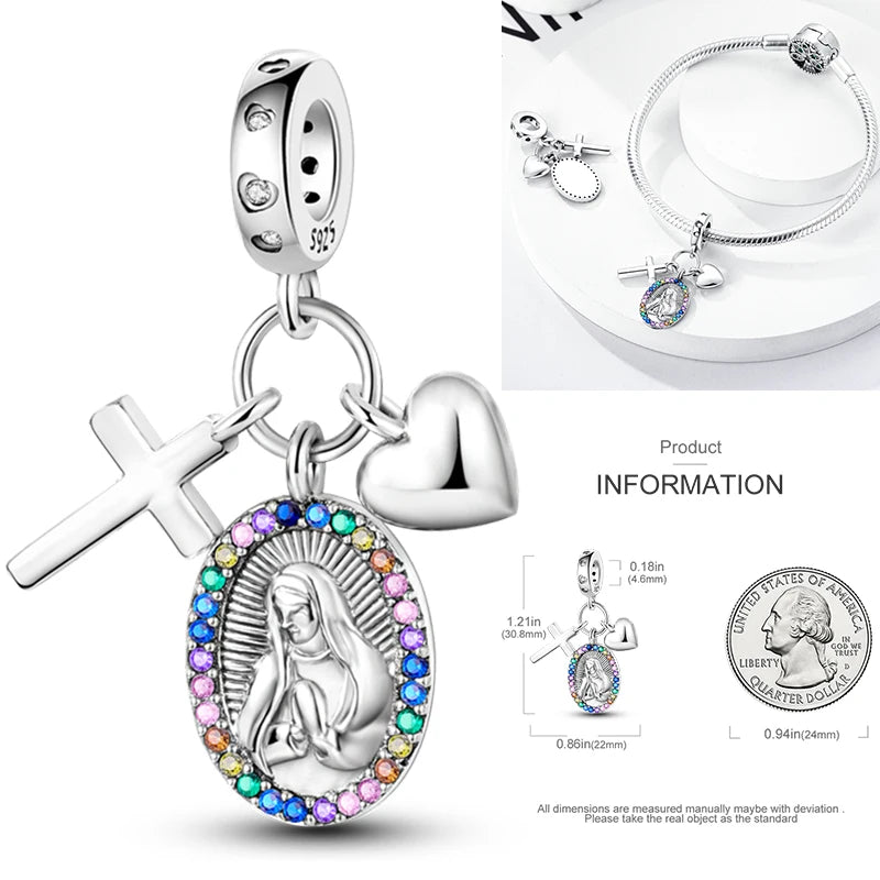 925 sterling silver charm bead with saint portrait, rainbow stones, and cross