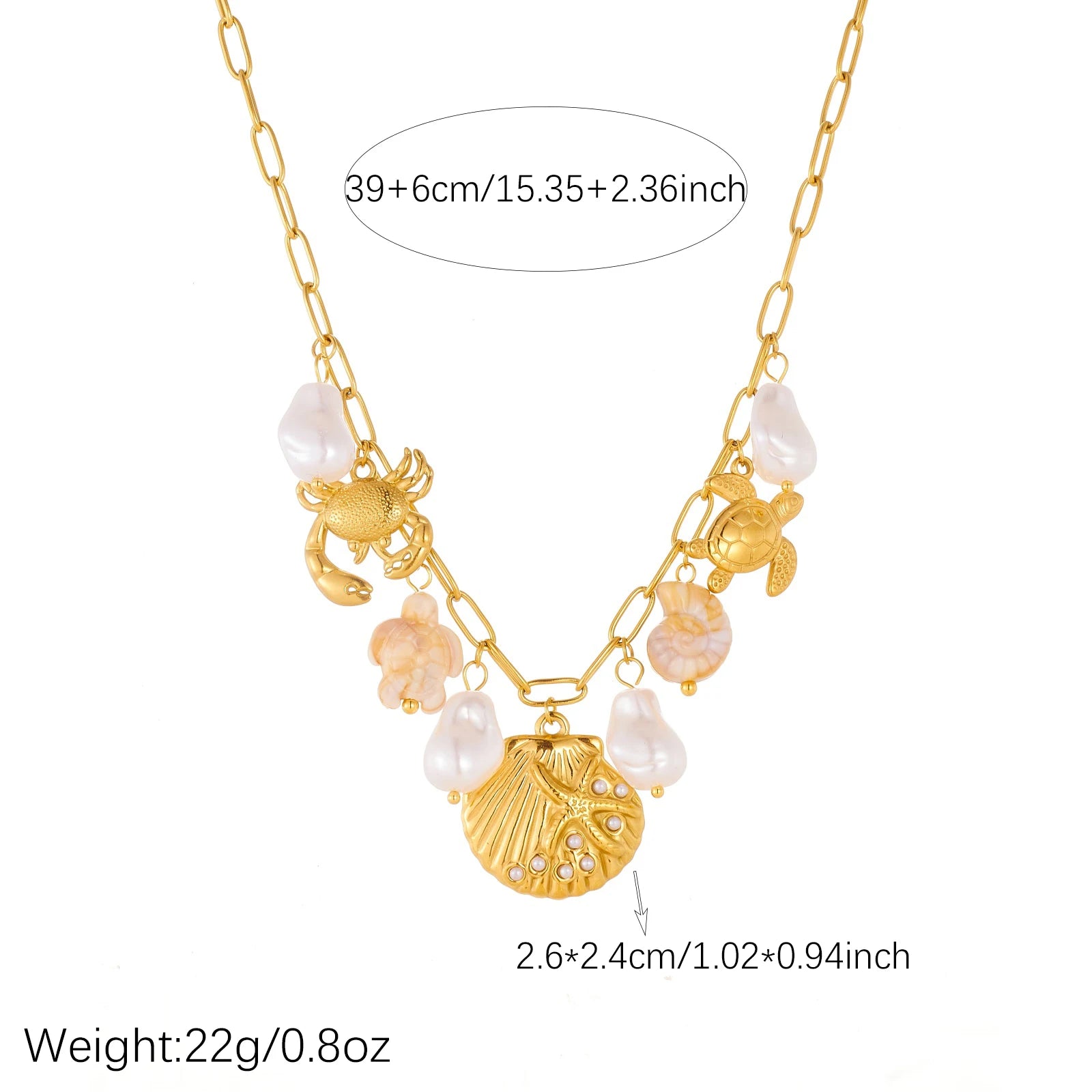Gold-tone ocean charm necklace with pearl drops and crab, turtle, scallop shell pendants