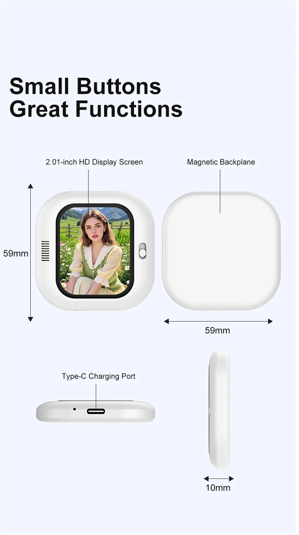 White magnetic selfie monitor screen with 2.01-inch display and Type-C charging port