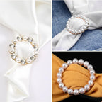 Round pearl and rhinestone scarf knot brooch clips, close-up