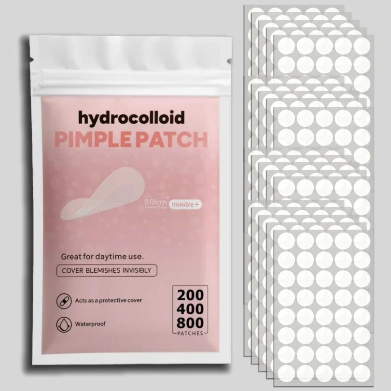 Hydrocolloid pimple patch set pouch with pink label, 200/400/800 patch count