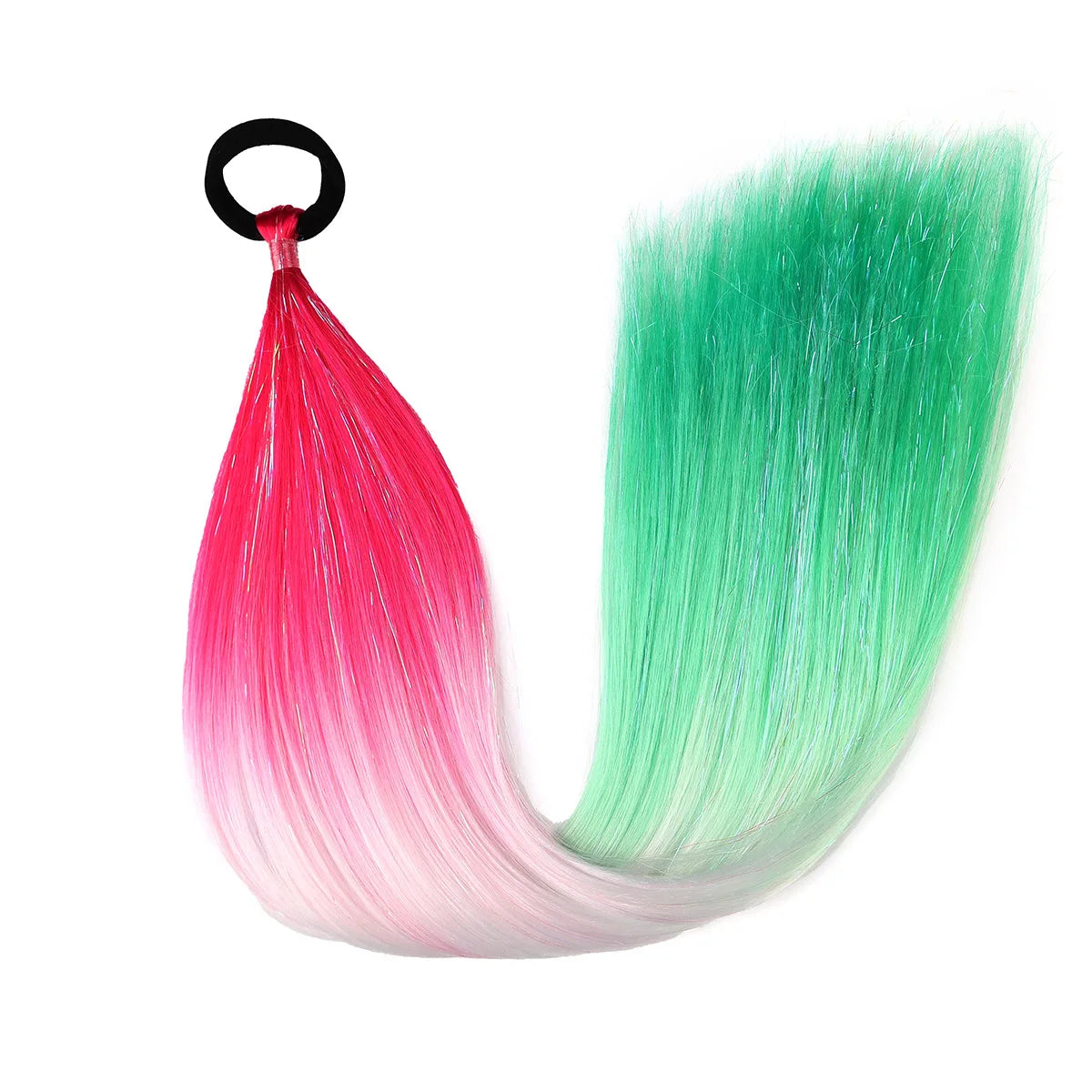 Ombre braid ponytail hair tinsel, synthetic; red to green gradient with top loop