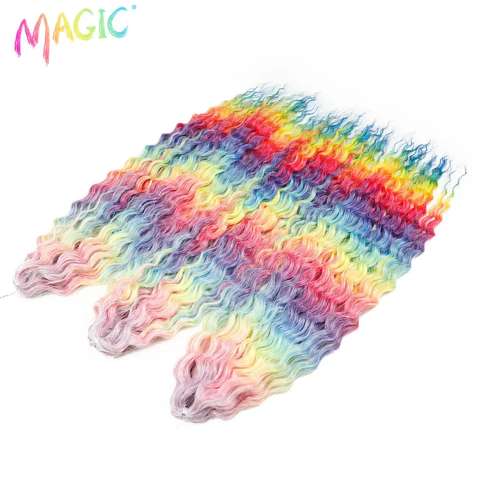 Synthetic water-wave crochet braids bundle, rainbow pastel ombre