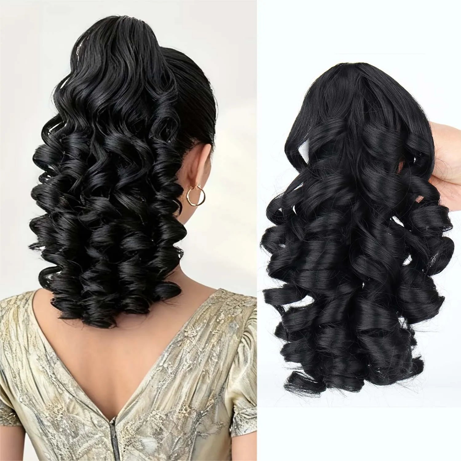 Claw clip ponytail extension with synthetic curly hair, dark black tone