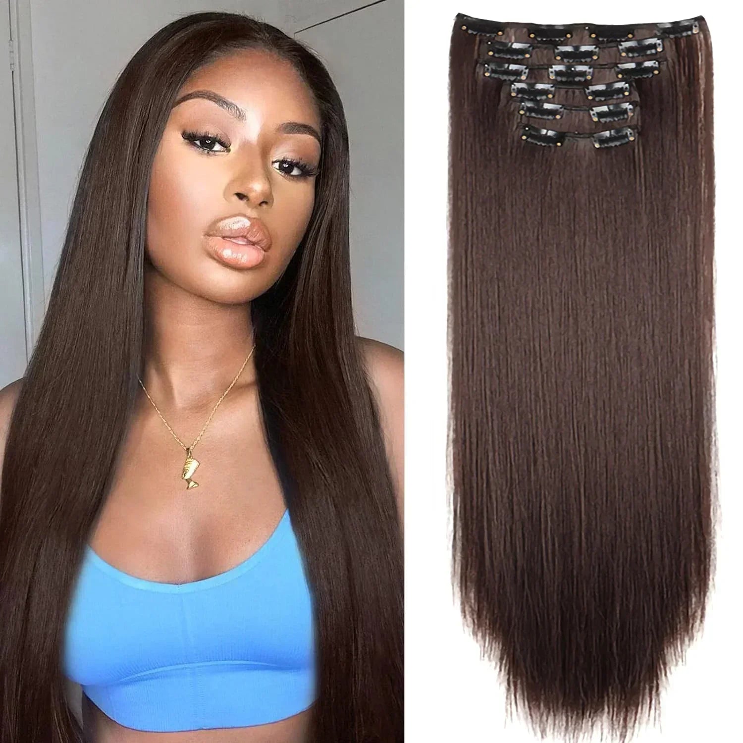 Dark brown straight clip-in hair extension weft with multiple metal clips, long length