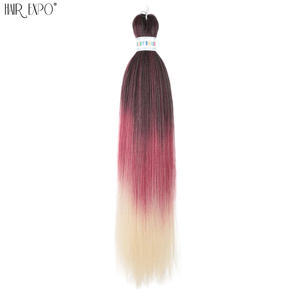 Pre-stretched braiding hair extension, synthetic 26-inch, plum to pink ombre bundle