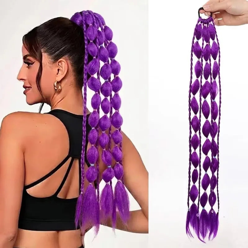 Purple bubble braid ponytail extension with dark-to-light ombre, elastic loop at top.