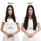 Long straight black synthetic clip-in hair extension worn on a model