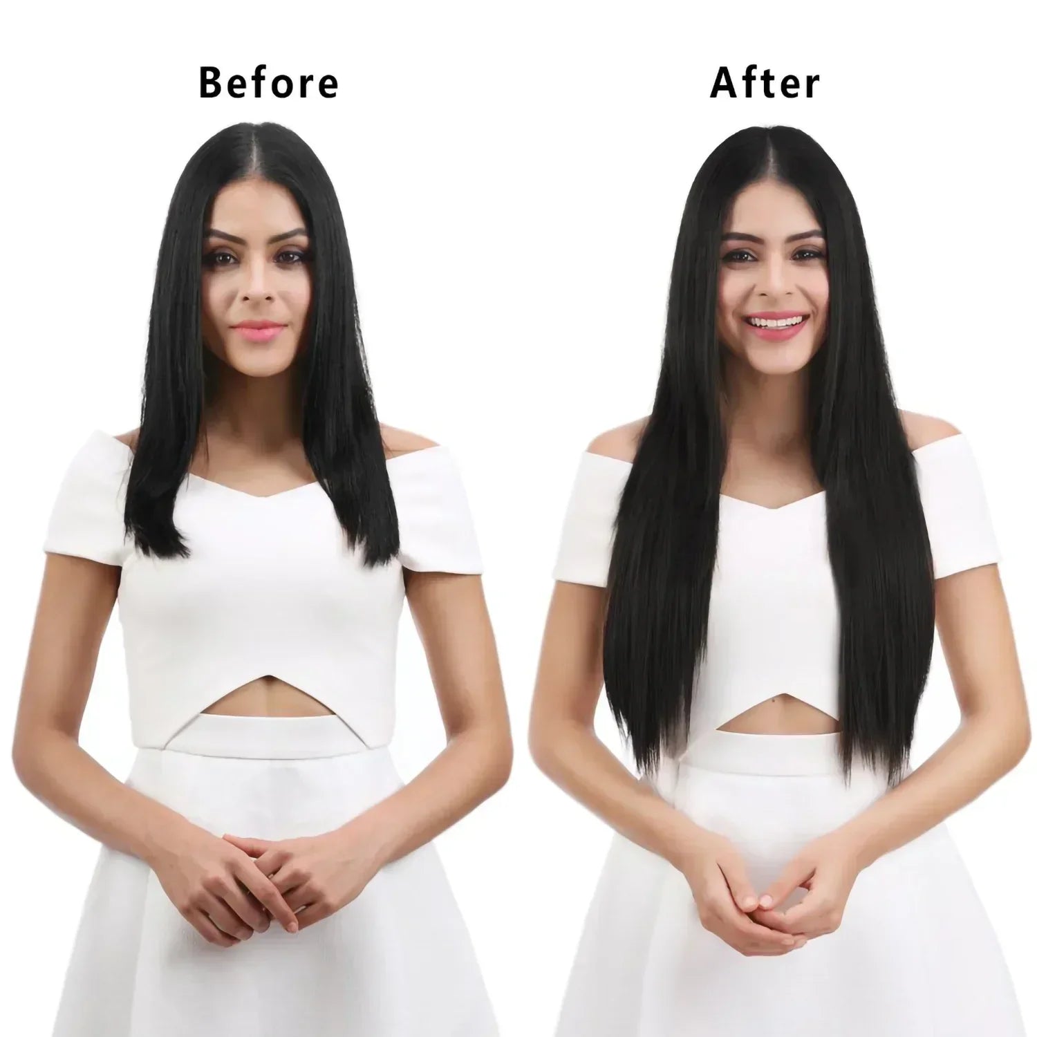 Long straight black synthetic clip-in hair extension worn on a model