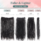 Curly clip-in hair extension set with several black curl wefts, different lengths and clips