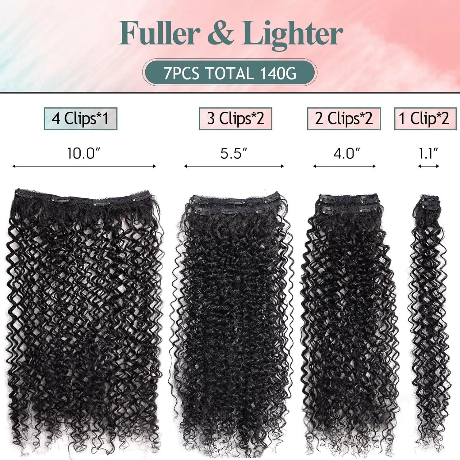 Curly clip-in hair extension set with several black curl wefts, different lengths and clips