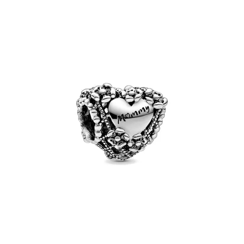 925 sterling silver heart charm bead with "MOMMY" inscription in textured frame