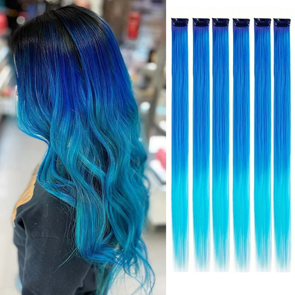 Clip-in synthetic hair highlights set with vivid blue strands and comb clips