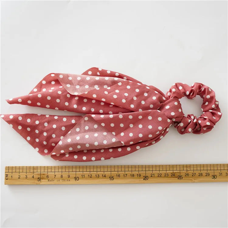 Maroon chiffon ribbon scrunchie scarf with white polka dots