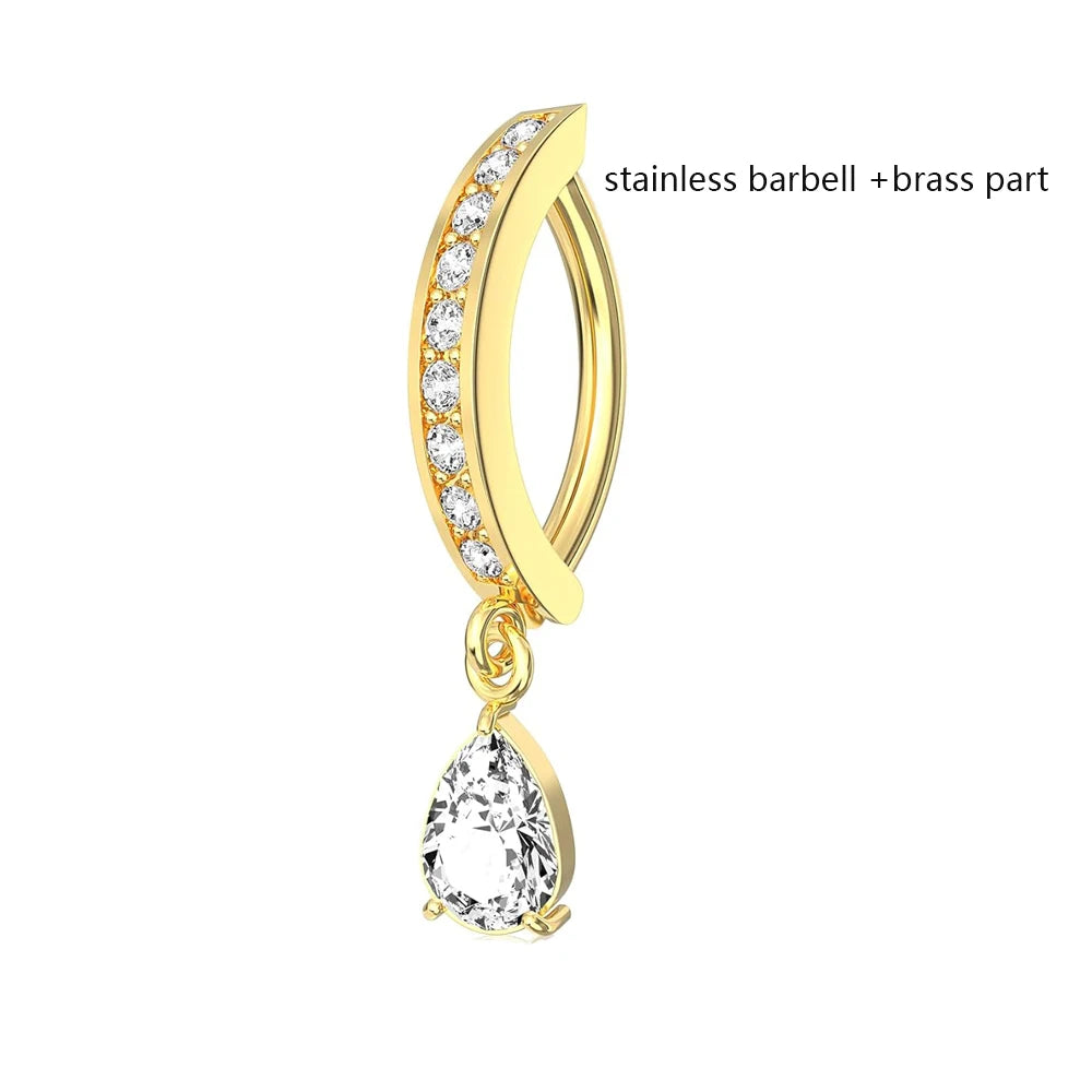 Belly button ring clicker with clear stone line and dangling pear-cut crystal
