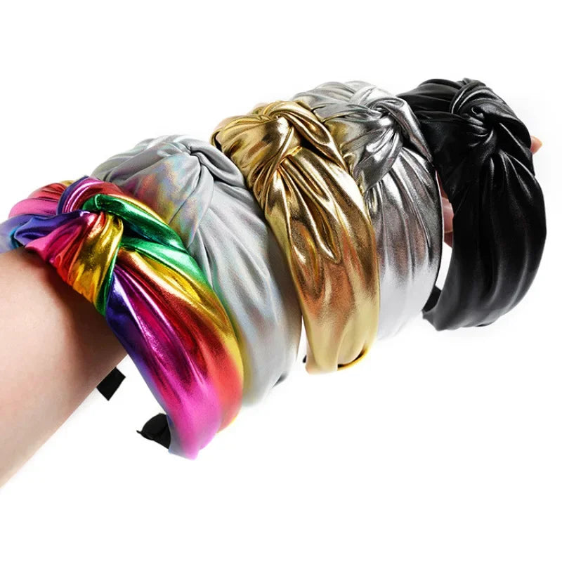Multicolor metallic PU leather wide headband with knotted bow detail