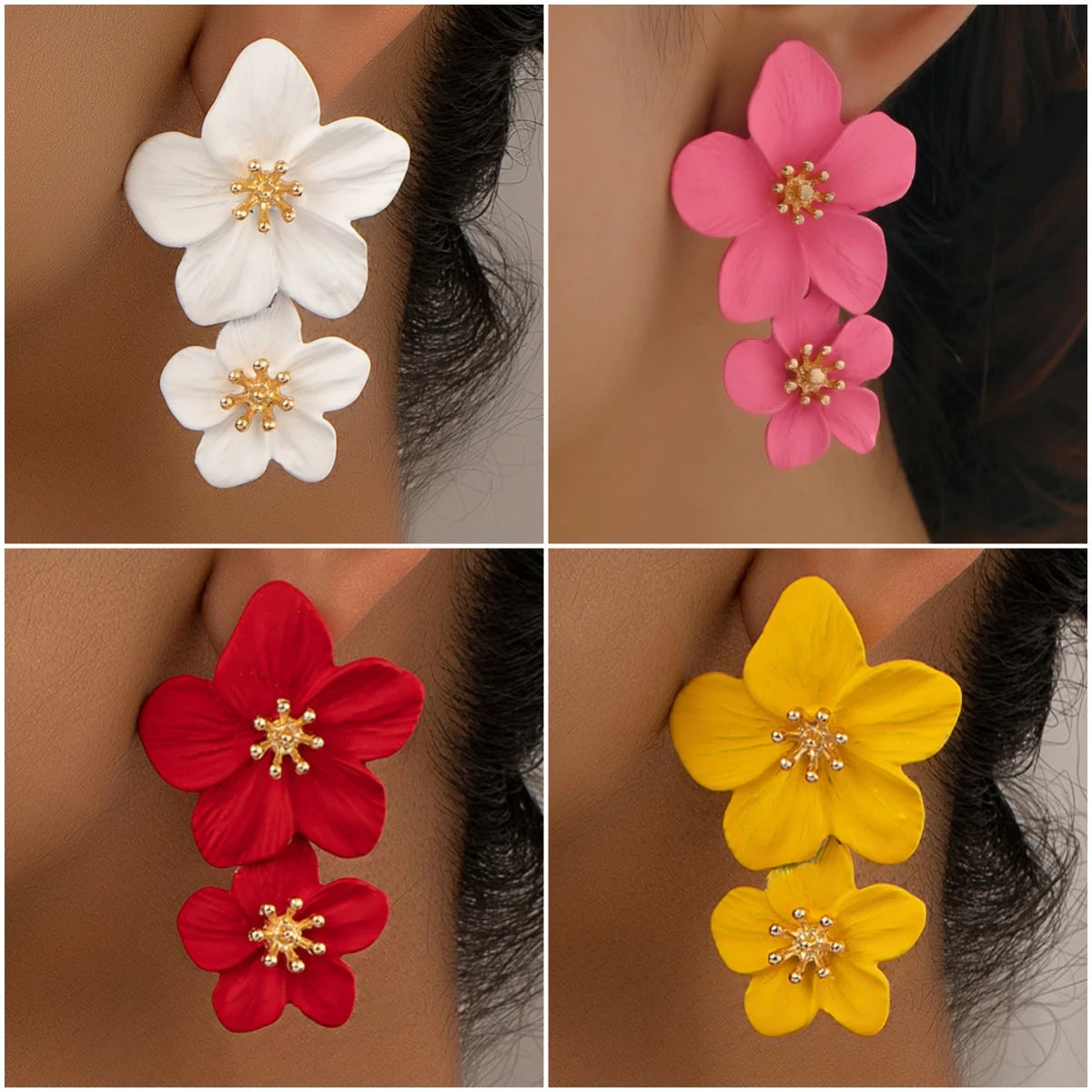 White double-layer flower dangle earrings with gold-tone star centers