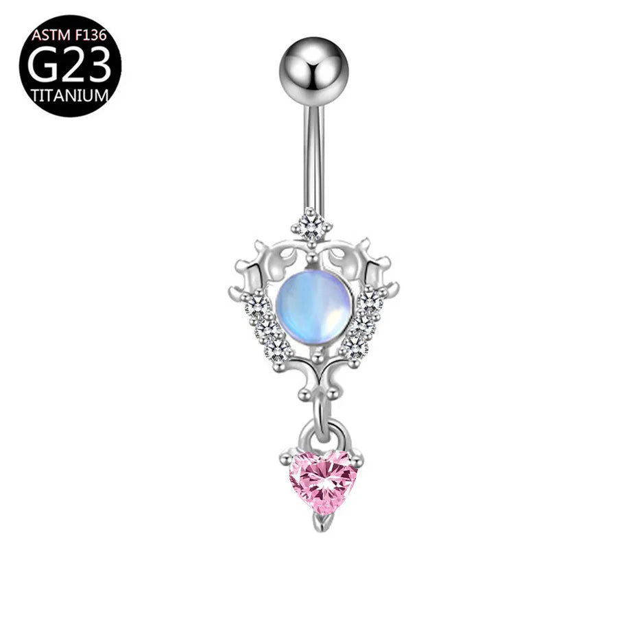 Curved barbell navel ring with oval opal center and pink heart crystal dangle