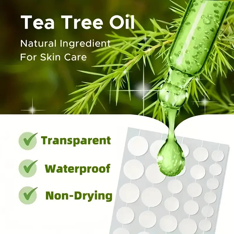 Hydrocolloid pimple patch set with white circular patches and waterproof/non-drying icons