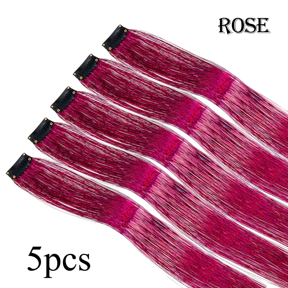 Glitter hair tinsel set, rose, 5 pieces with clip-on strands