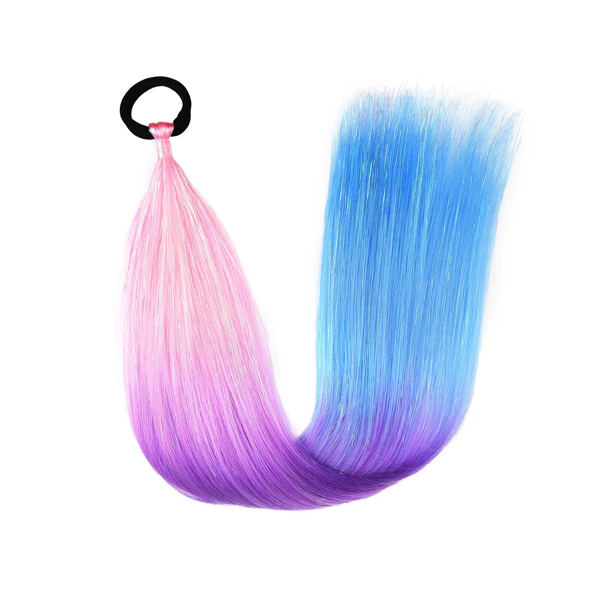 Synthetic ombre braid ponytail hair tinsel with blue, purple, and pink strands