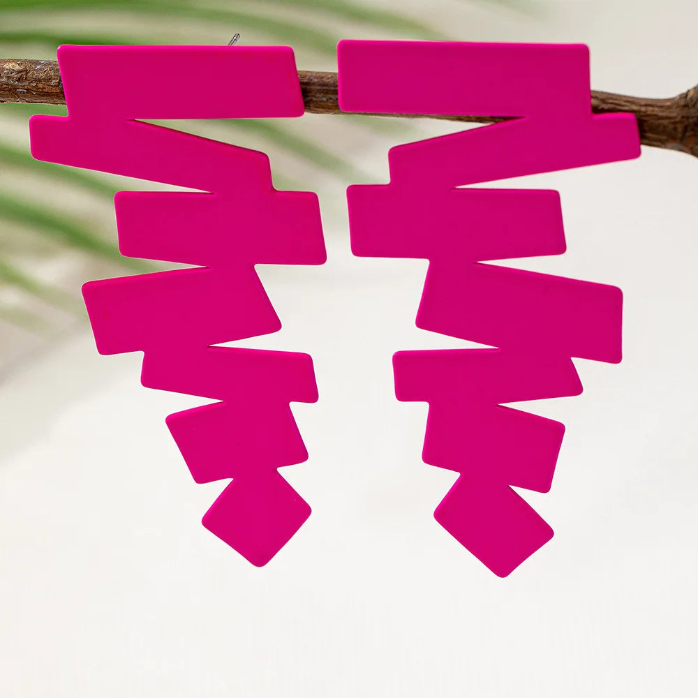 Geometric irregular stud earrings, bright pink mirrored zigzag pair