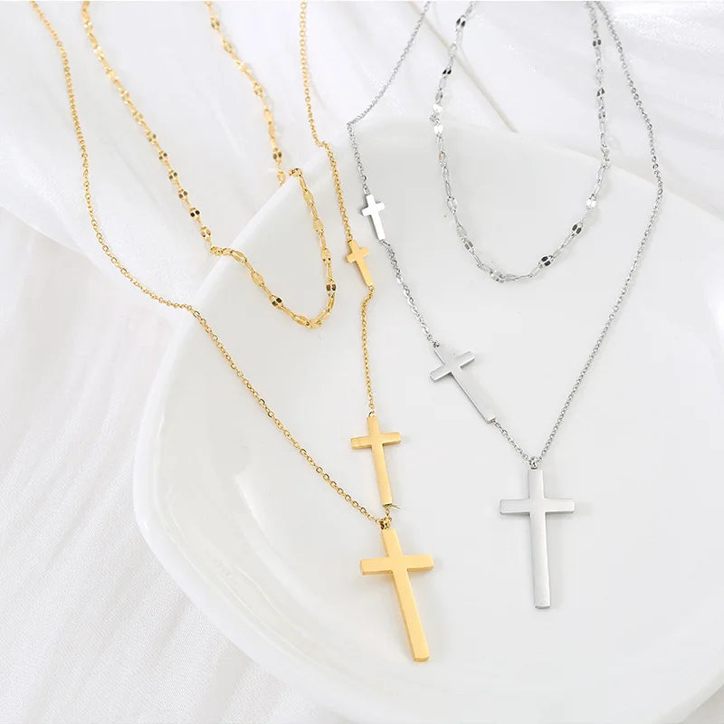 Gold and silver double-layer cross pendant necklaces with four cross charms