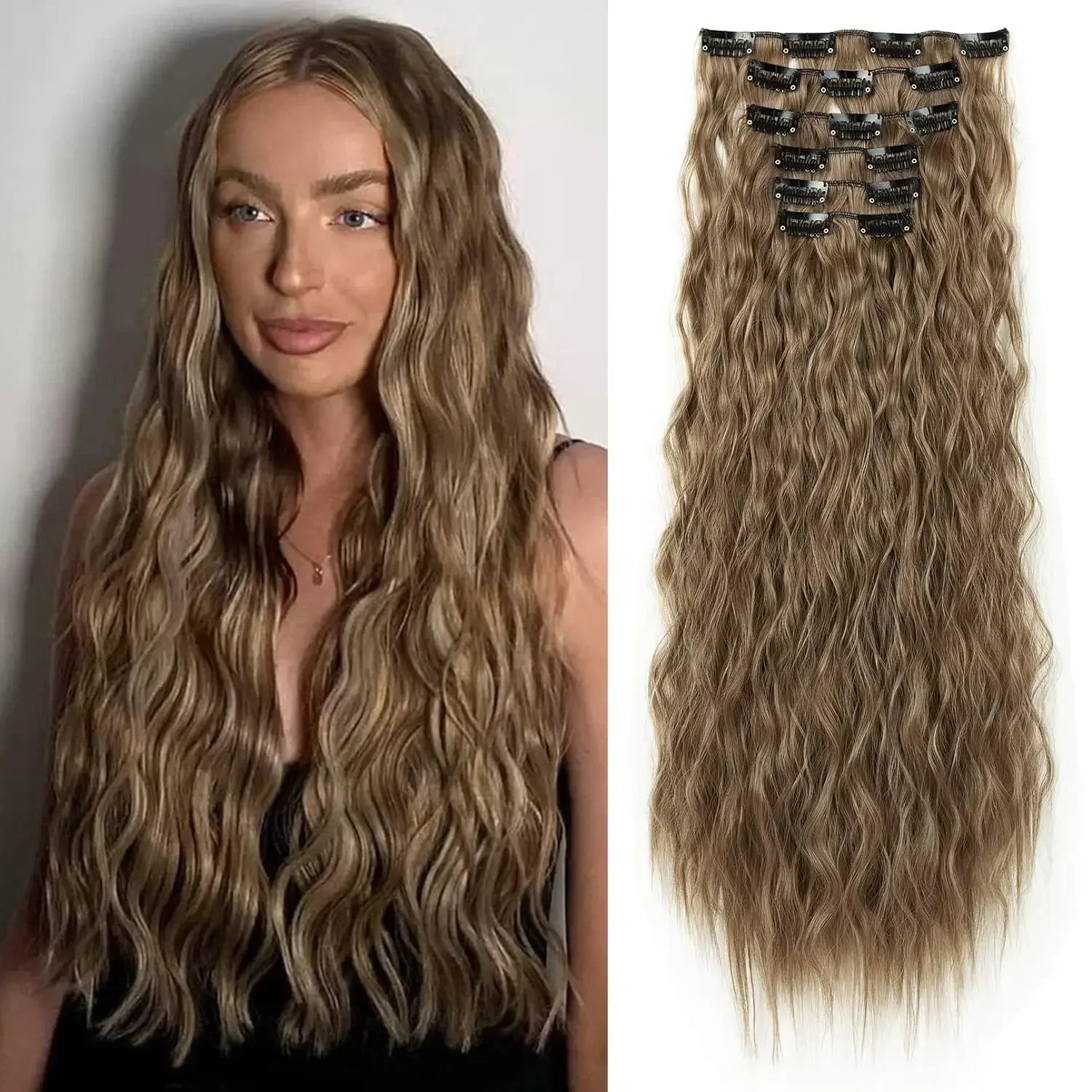 Golden blonde wavy clip-in hair extension weft with metal clips, long length