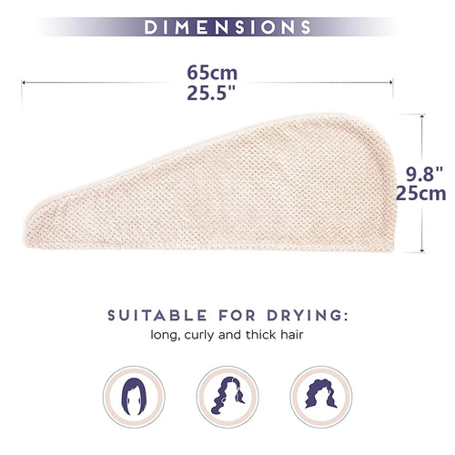 Beige absorbent hair towel wrap, curved hood shape with textured waffle weave