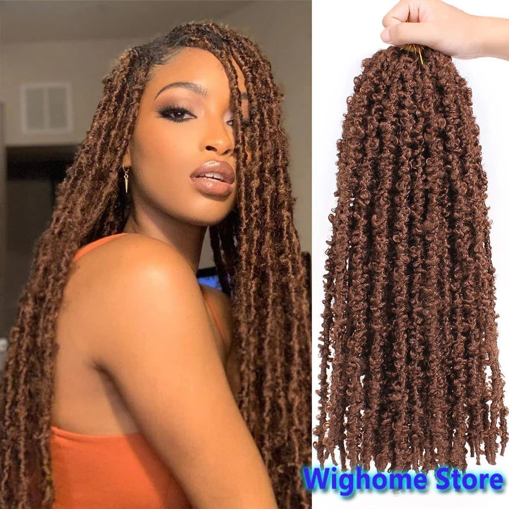 Brown butterfly locs crochet hair with long tightly curled strands, side profile view