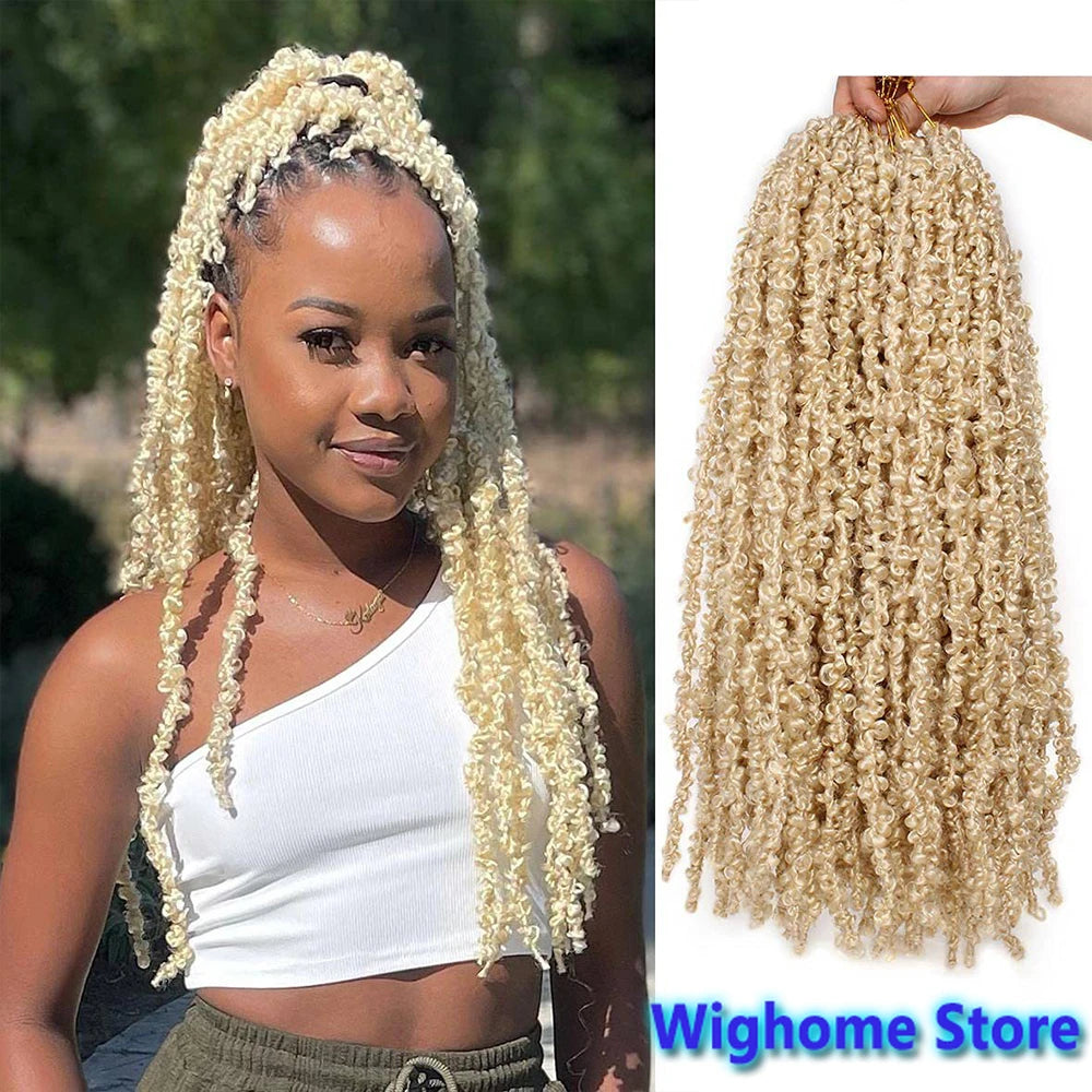 Light blonde butterfly locs crochet hair with long curly strands, top bun and hanging length