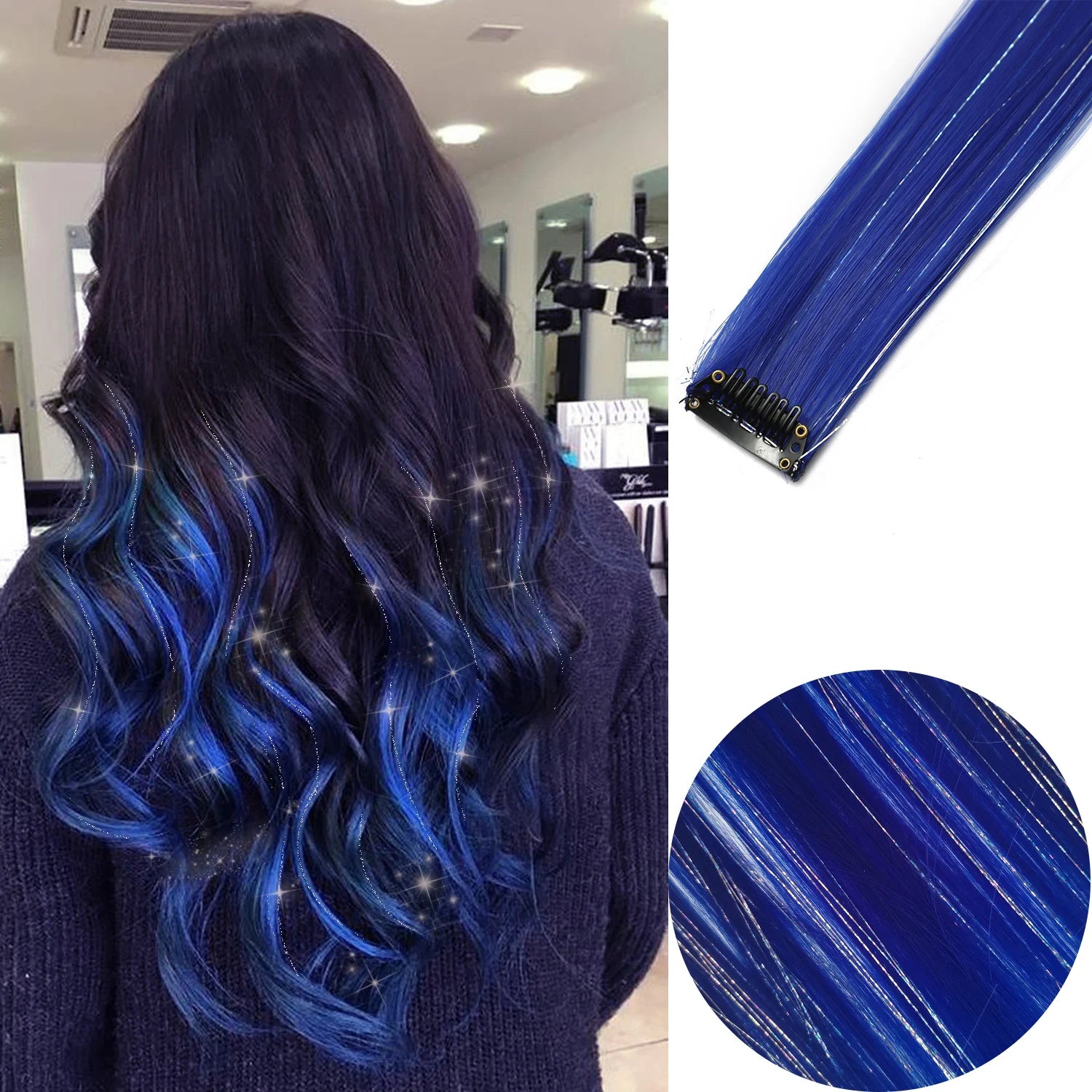 Blue clip-in hair highlight strands with metal clips, shown on wavy dark hair