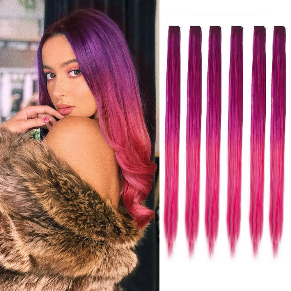 Synthetic clip-in hair highlights, 22-inch magenta and pink-red strands with clip bases.
