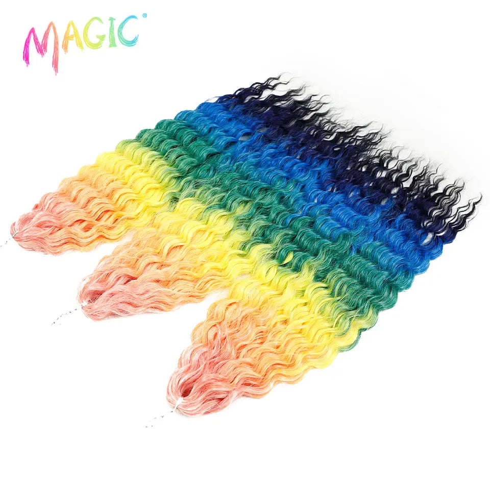 Water wave crochet braids, synthetic ombre rainbow curls, long 22 in