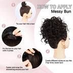 Synthetic curly messy bun hair piece, side view, dark ringlets and volume