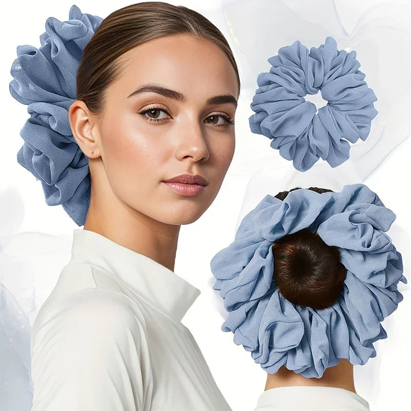 Oversized chiffon scrunchie in light blue, ruffled flower shape and close-up