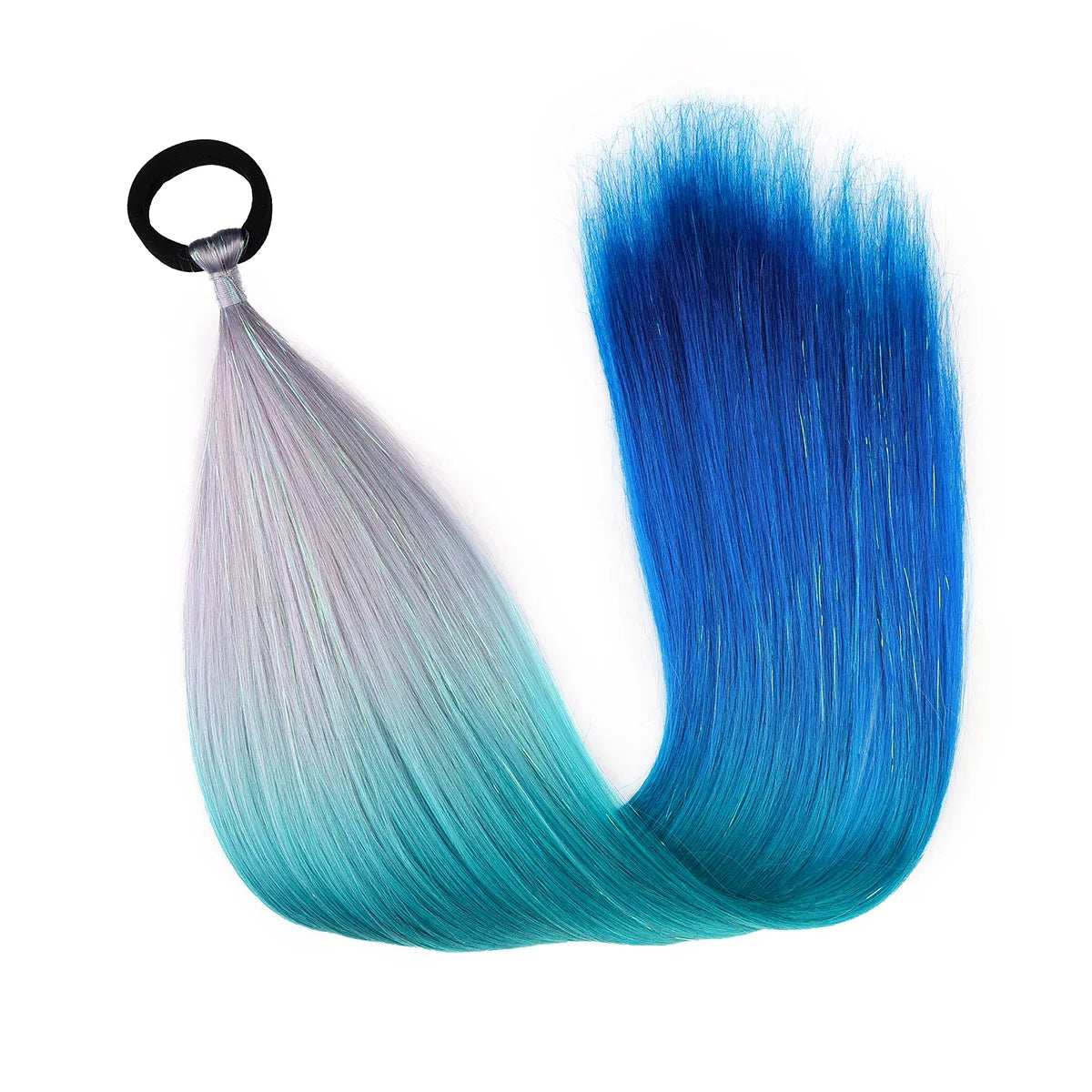 Ombre braid ponytail hair tinsel, synthetic; gray-blue to teal-green gradient with top loop