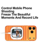 Orange magnetic selfie monitor screen with rear camera window and built-in display