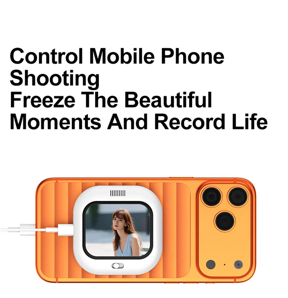 Orange magnetic selfie monitor screen with rear camera window and built-in display