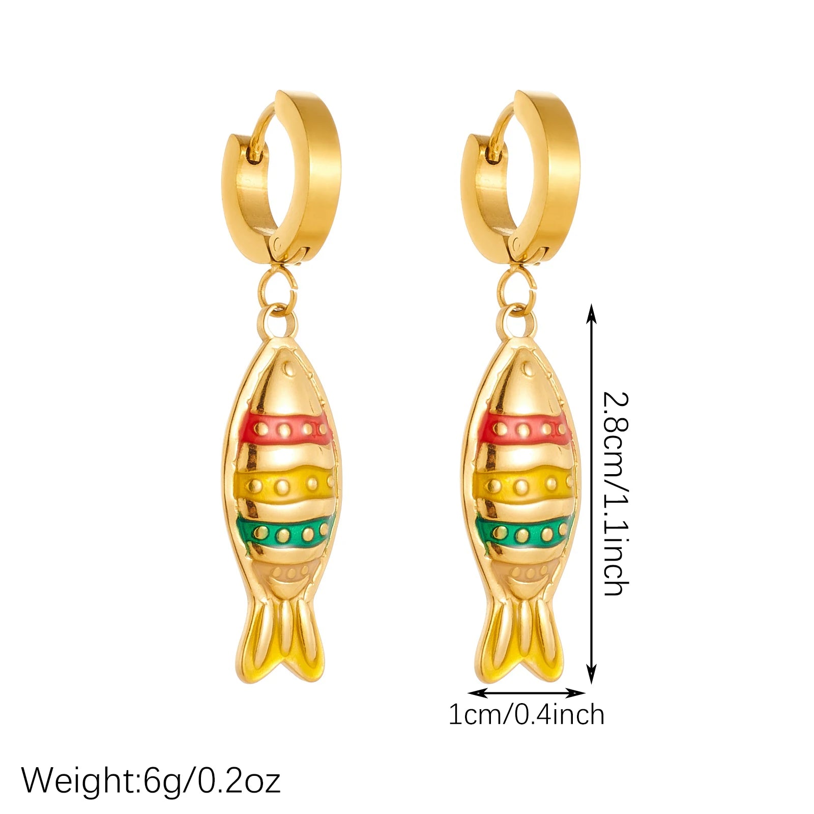 Fish enamel huggie hoop earrings, gold-tone with striped red, yellow, and green fish dangles