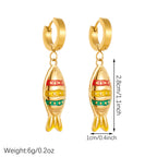 Fish enamel huggie hoop earrings, gold-tone with striped red, yellow, and green fish dangles