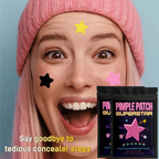 Star acne patches on face with pink beanie, including yellow and pink star stickers