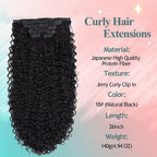 Curly hair extension weft with dense dark ringlet curls and multiple clip tabs