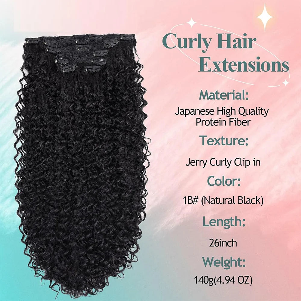 Curly hair extension weft with dense dark ringlet curls and multiple clip tabs