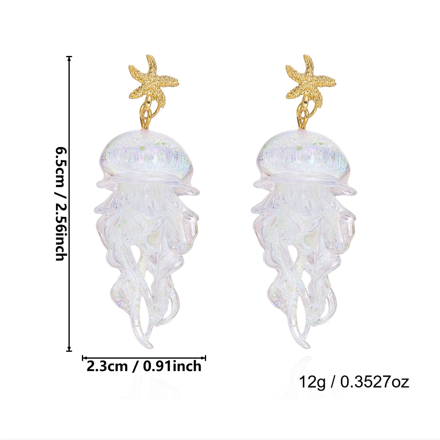 Jellyfish drop earrings with gold starfish tops and white jellyfish pendants