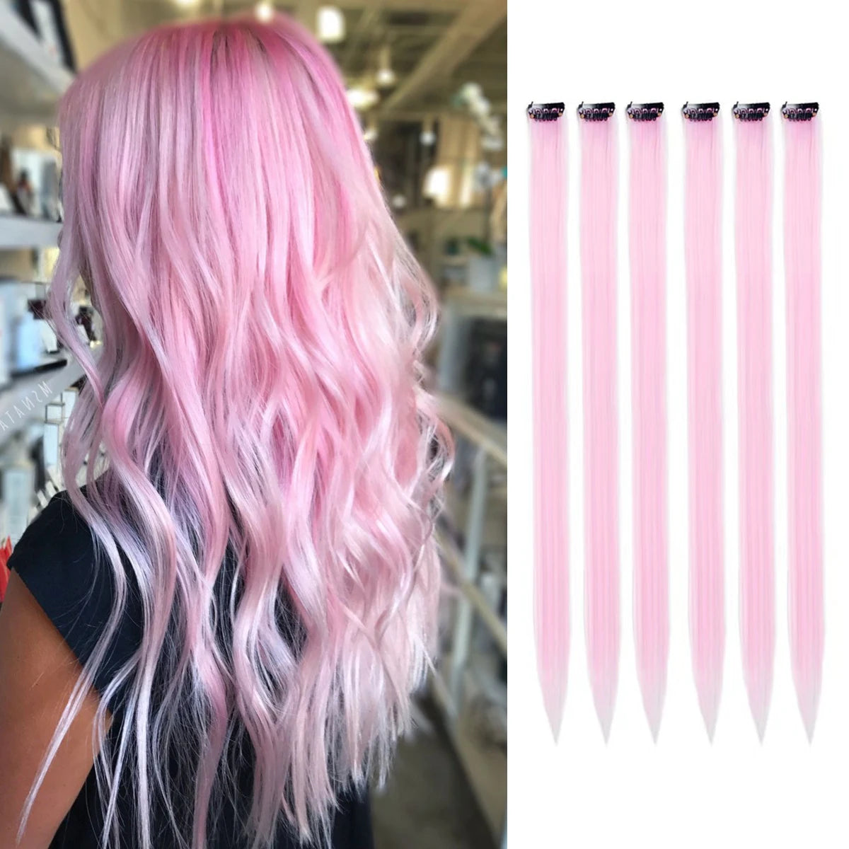 Light pink clip-in hair highlight set with six long straight strands
