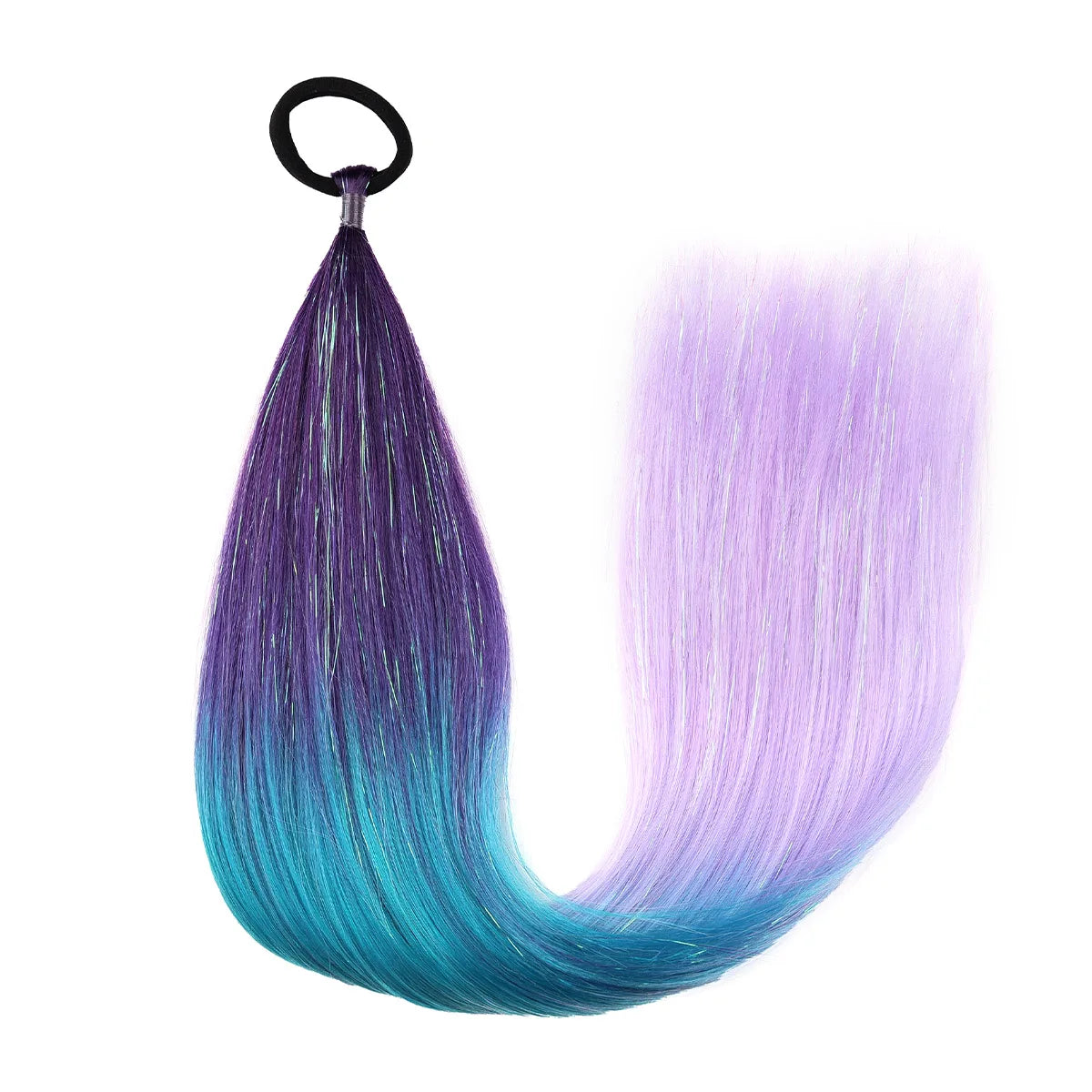 Synthetic ombre braid ponytail hair tinsel with deep purple, teal, and lavender strands