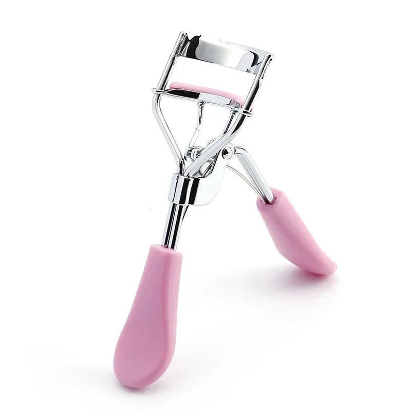 Eyelash curler tool with pink-lilac silicone handle and chrome curler frame